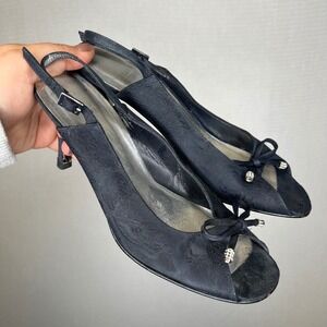 Stuart Weitzman Black Slingback Heels Peep Toe Bow Rhinestone Detail Pump Size 7